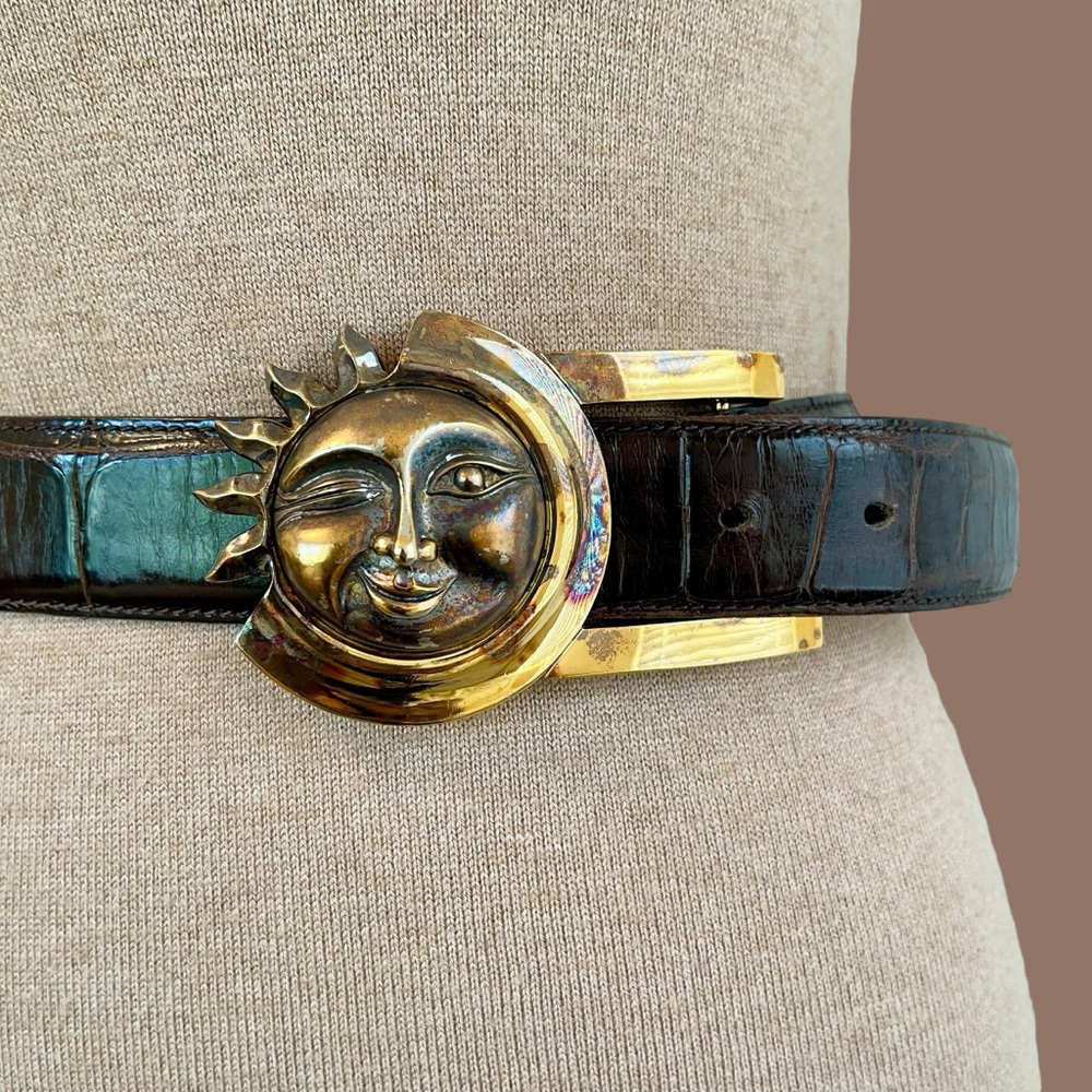 Kieselstein-Cord Celestial Sun Gold-Plated Sterling Silver Buckle Leather Belt